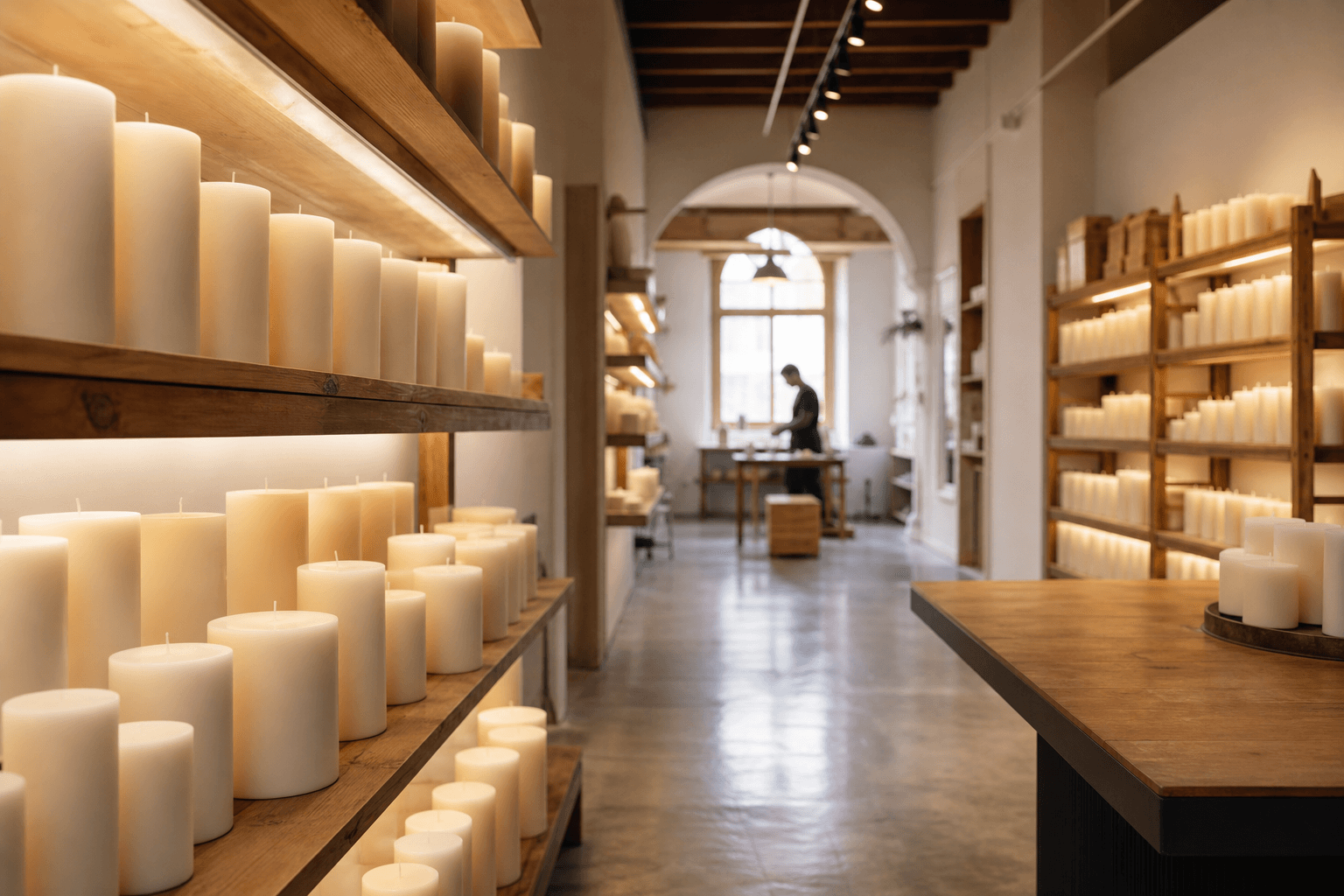 Inside one of our European candle workshops — rows of pillar candles on minimalist wooden shelving.
