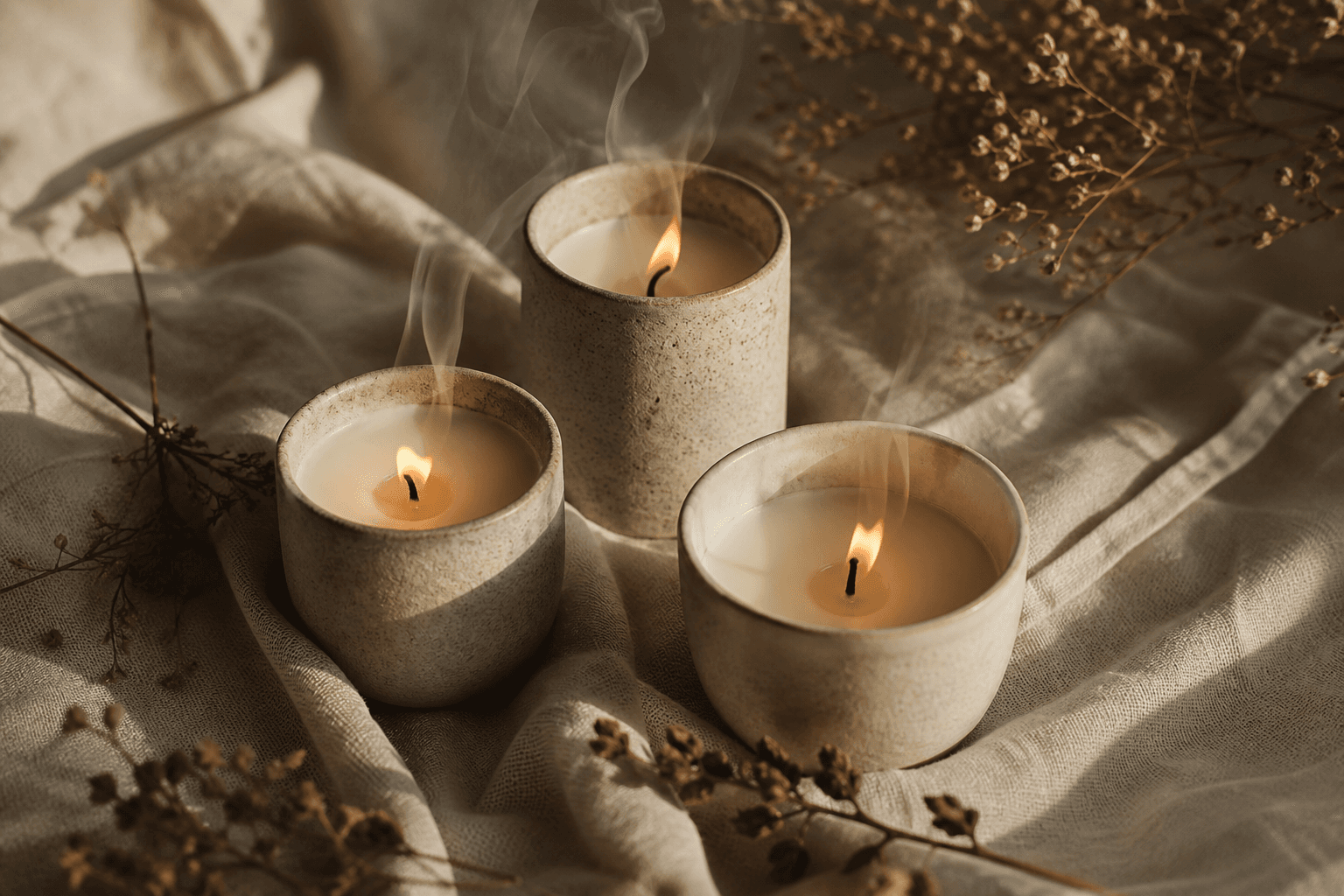 Three artisan ceramic candles burning on a warm cream linen surface — manufactured in our European factories.
